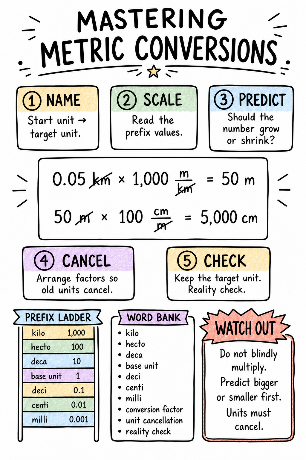 Colored metric-conversion sketchnote; open the interactive sheet to explore, annotate and color